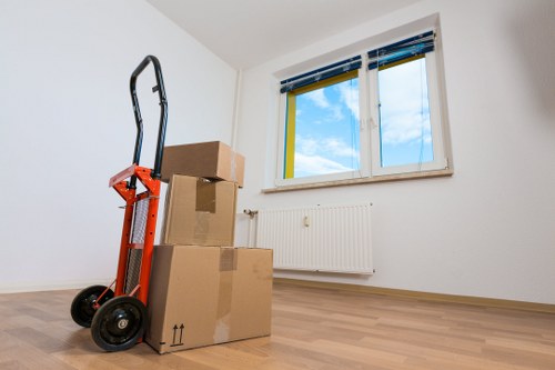 Packed boxes and furniture prepared for temporary storage in Snaresbrook